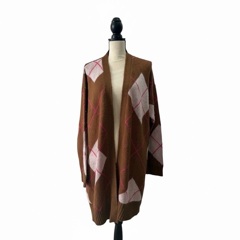 Argyle Cardigan Sweater Pink & Brown Argyle Button Up Preppy Office Academia XL